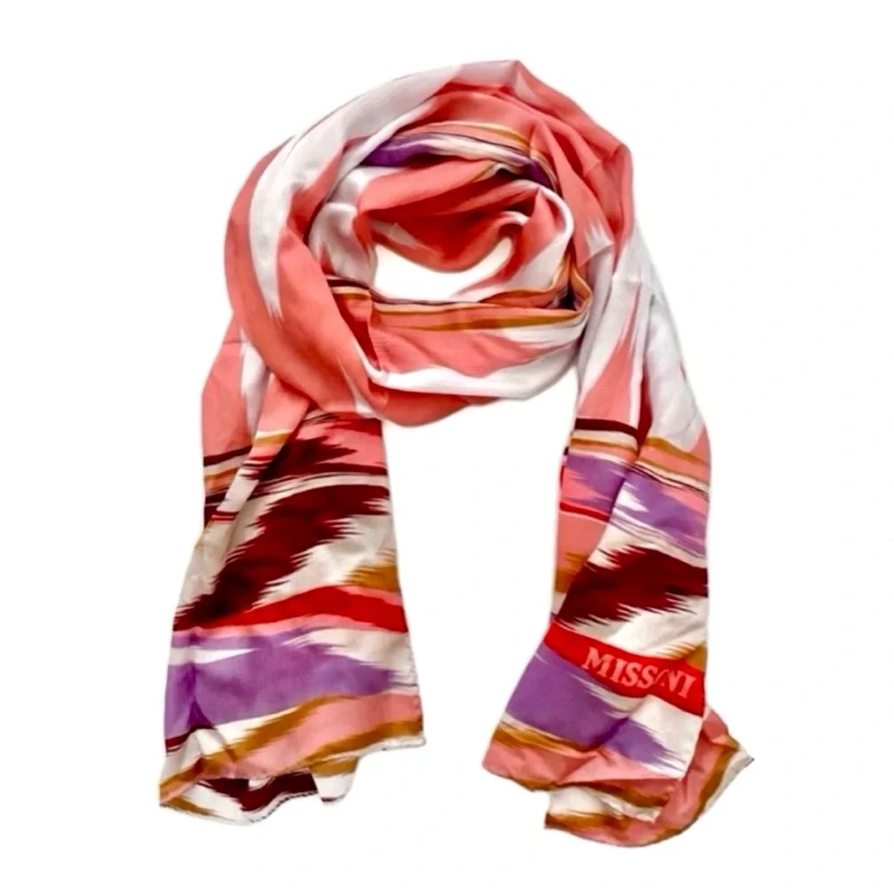 MISSONI Pink Red Multi Shades Printed 100% Silk Scarf NWT